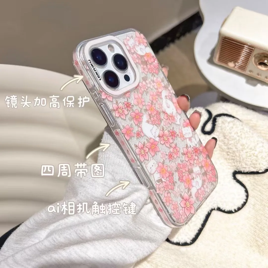 ساكورا الوردي الزهور زهر الكرز هريرة بريق الفن جراب هاتف آيفون 16 15 14 13 برو ماكس حافظة لطيف الحلو الكرتون غطاء