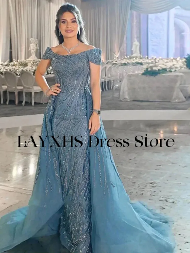 LAYXHS Luxury Off the shoulder Evening Dresses Blue Mermaid Beaded Court Train Prom Dresses Customized فساتين سهرة