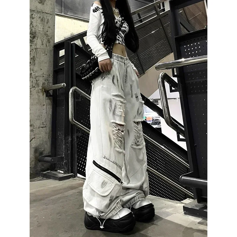 

Женские винтажные мешковатые рваные джинсы Уличная одежда Harajuku Широкие джинсовые брюки 2000-х 90-х Гранж Хип-хоп Брюки Y2k Одежда оверсайз