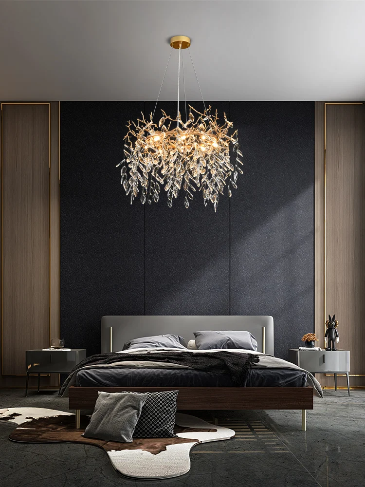 All Copper Restaurant Lamp in the Living Room Light Luxury Elegant Crystal Chandelier Creative Branches Leaves Master