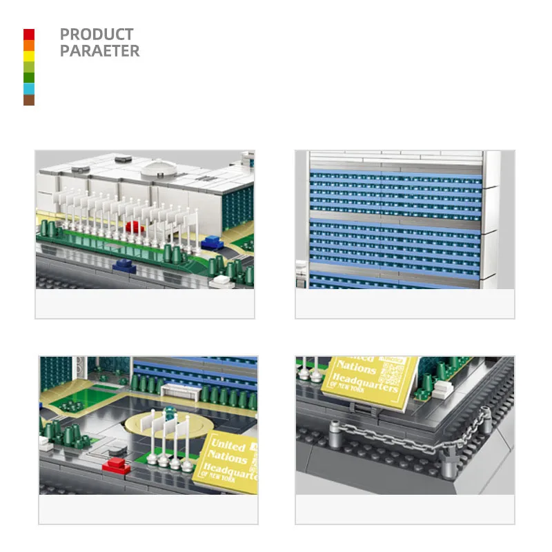 Architettura moderna creativa Quartier generale delle Nazioni Unite Set di modelli di blocchi Collezione di giocattoli in mattoni da costruzione per regalo