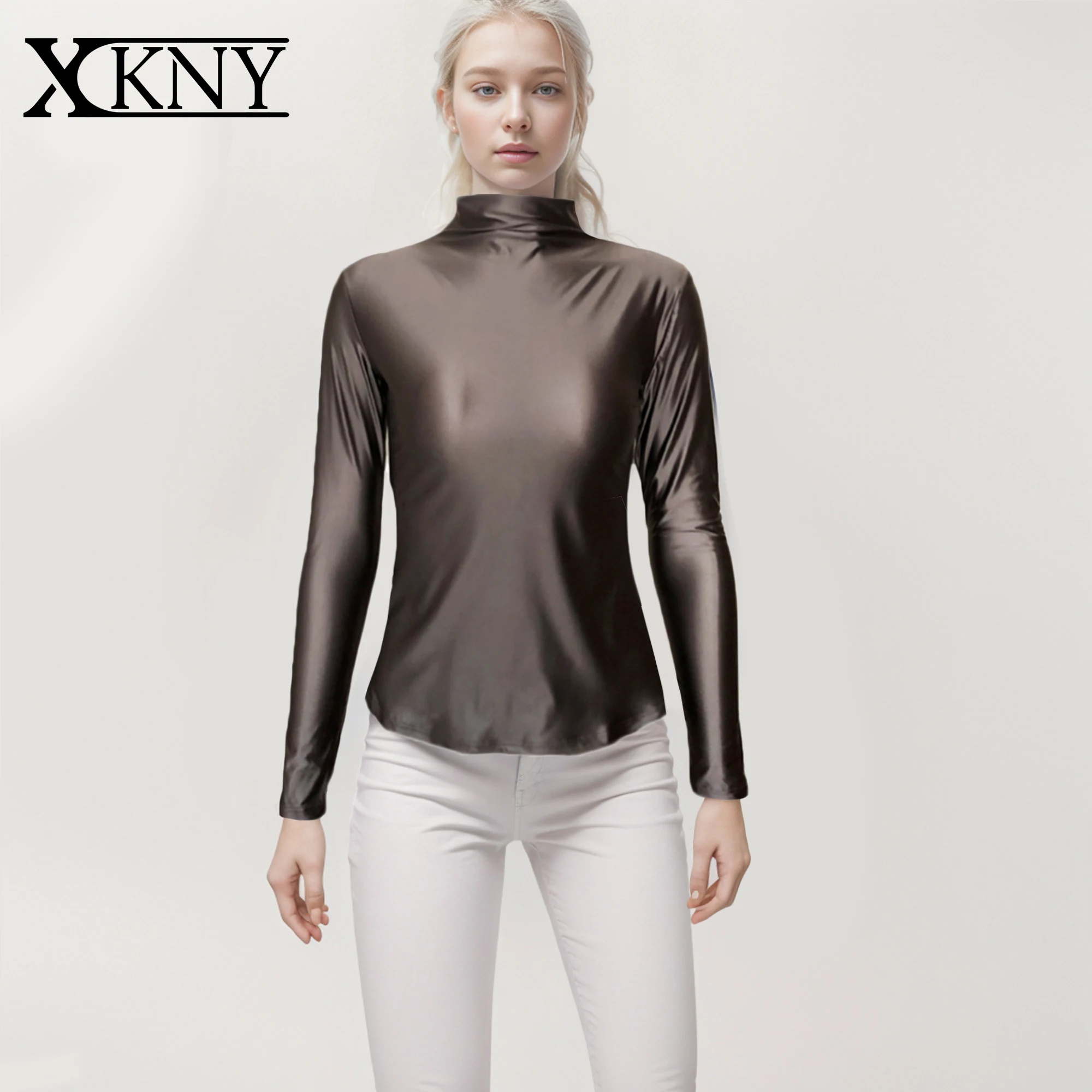 

XCKNY satin glossy top sexy long sleeve high neck sports casual clothes slim sport Tights hot spring smooth sweat shirt 2XL