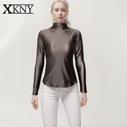 XClocKNYoung satin glossy top sexy long sleeve high neck sports casual clothes slim sport Tights hot spring smooth sweat shirt