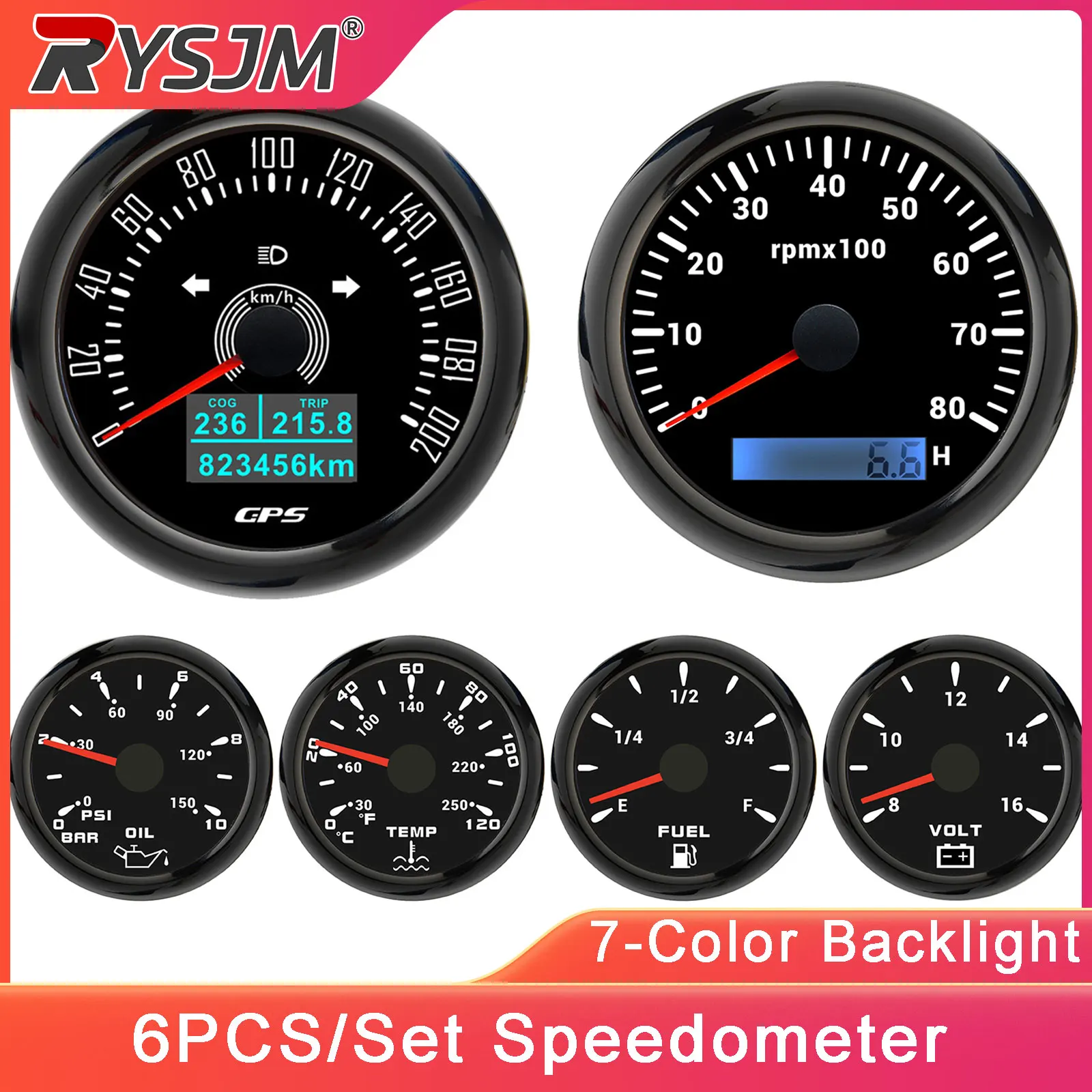 6 Gauge Kit 85mm 200KM/H Car Boat GPS Speedometer Tachometer 8000RPM Fuel Level Water Temp 0-120℃ Oil Pressure 0-10Bar 0-150Psi