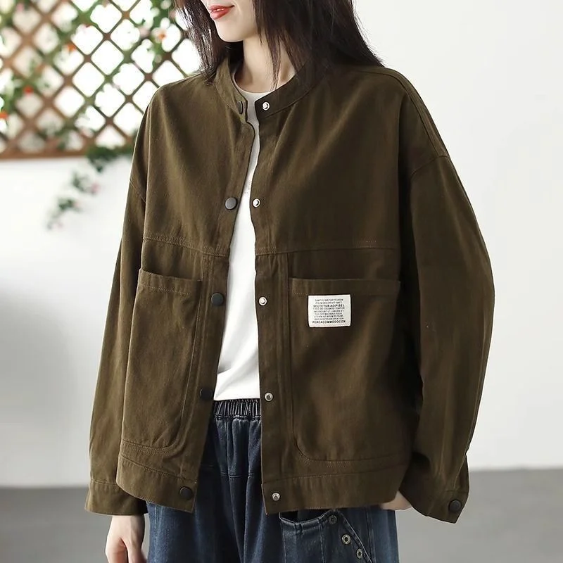 

Pure Cotton Jacket New Top Pocket Casual Loose Retro Versatile