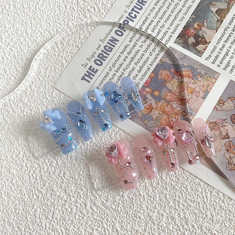 10 faux ongles faits à la main en forme de cercueil, magnifiques faux ongles, charmant nail art rose et bleu, papillon, adaptés aux femmes