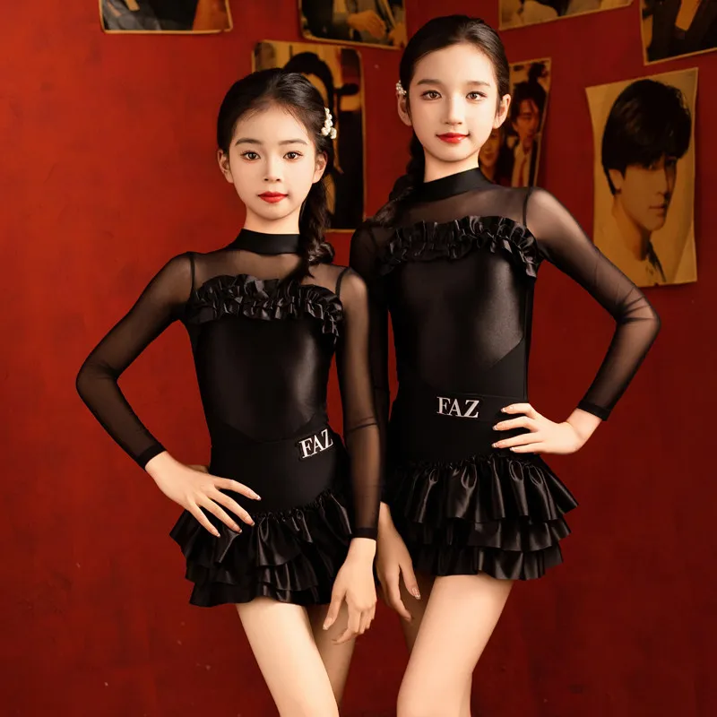 

Черный костюм для латинских танцев с длинными рукавами, платье для выступлений в латинских танцах для девочек, детские платья для бальных танцев, румбы, сценическая одежда SL15312