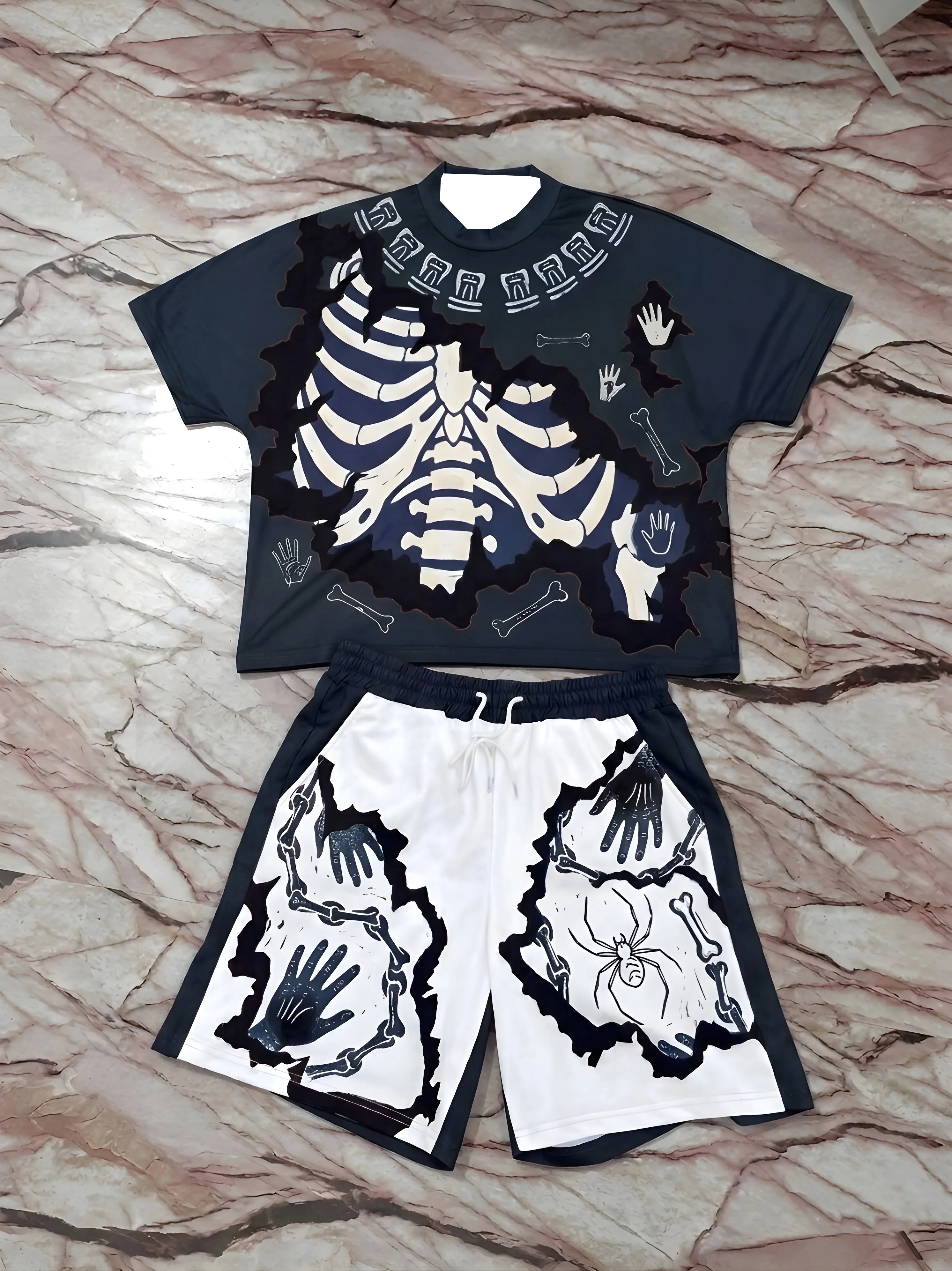 

2026 Adults And Kids 2 Piece Set Streetwear Brand Skeleton Print Short Sleeve T Shirt And Shorts Summer Casual Gothic Tracksuit