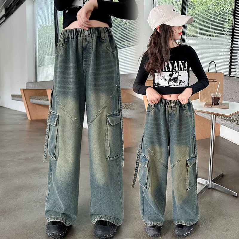 جديد الخريف المراهقات البضائع الجينز مع جيب عالية الخصر بنطال ذو قصة أرجل واسعة الأطفال فضفاض الكورية الأزرق عارضة نمط السراويل #1