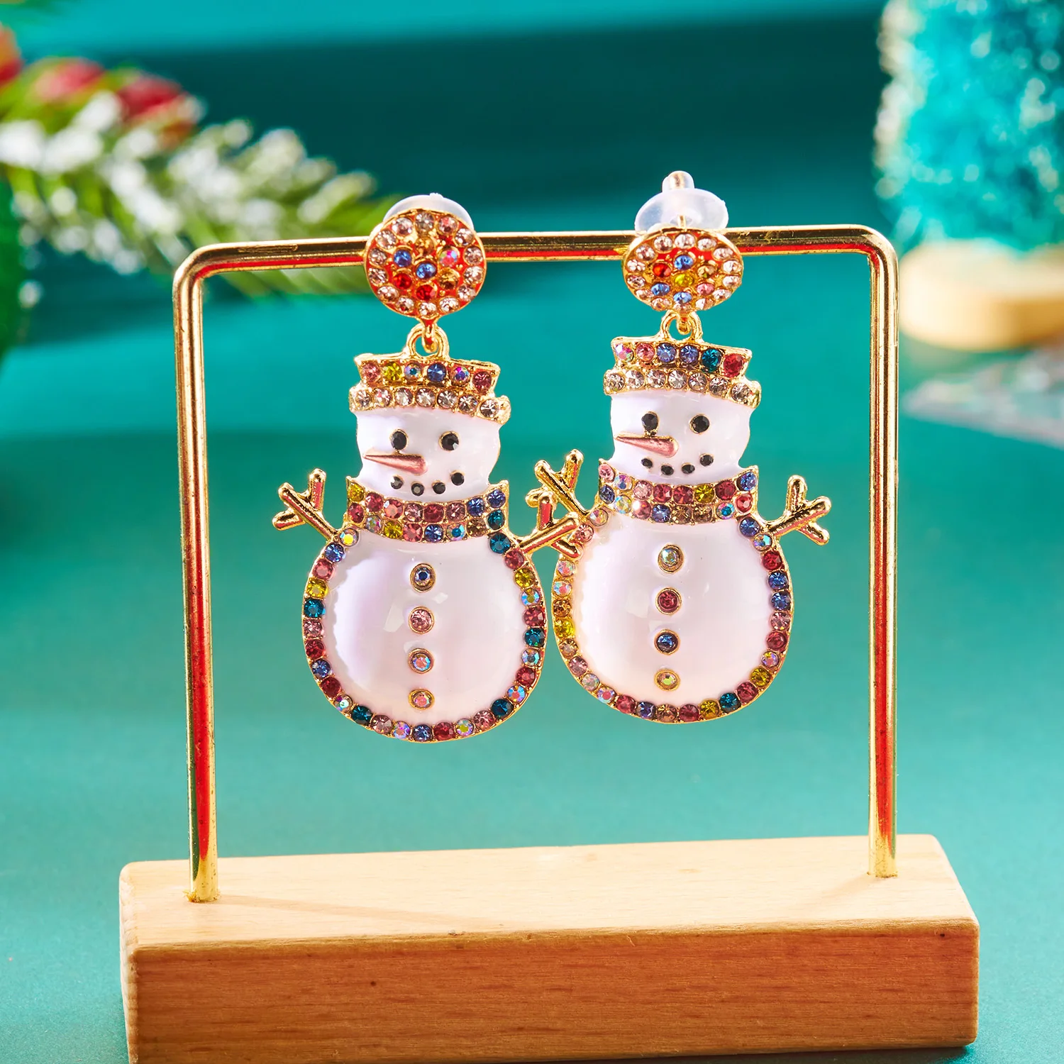 Bunte Kristall-Zirkon-Schneemann-Ohrhänger für Frauen, Niedliche Weihnachtsbaum-Schneeflocken-Schleifen-Ohrringe, Weihnachts- und Neujahrsgeschenke – Detail 2