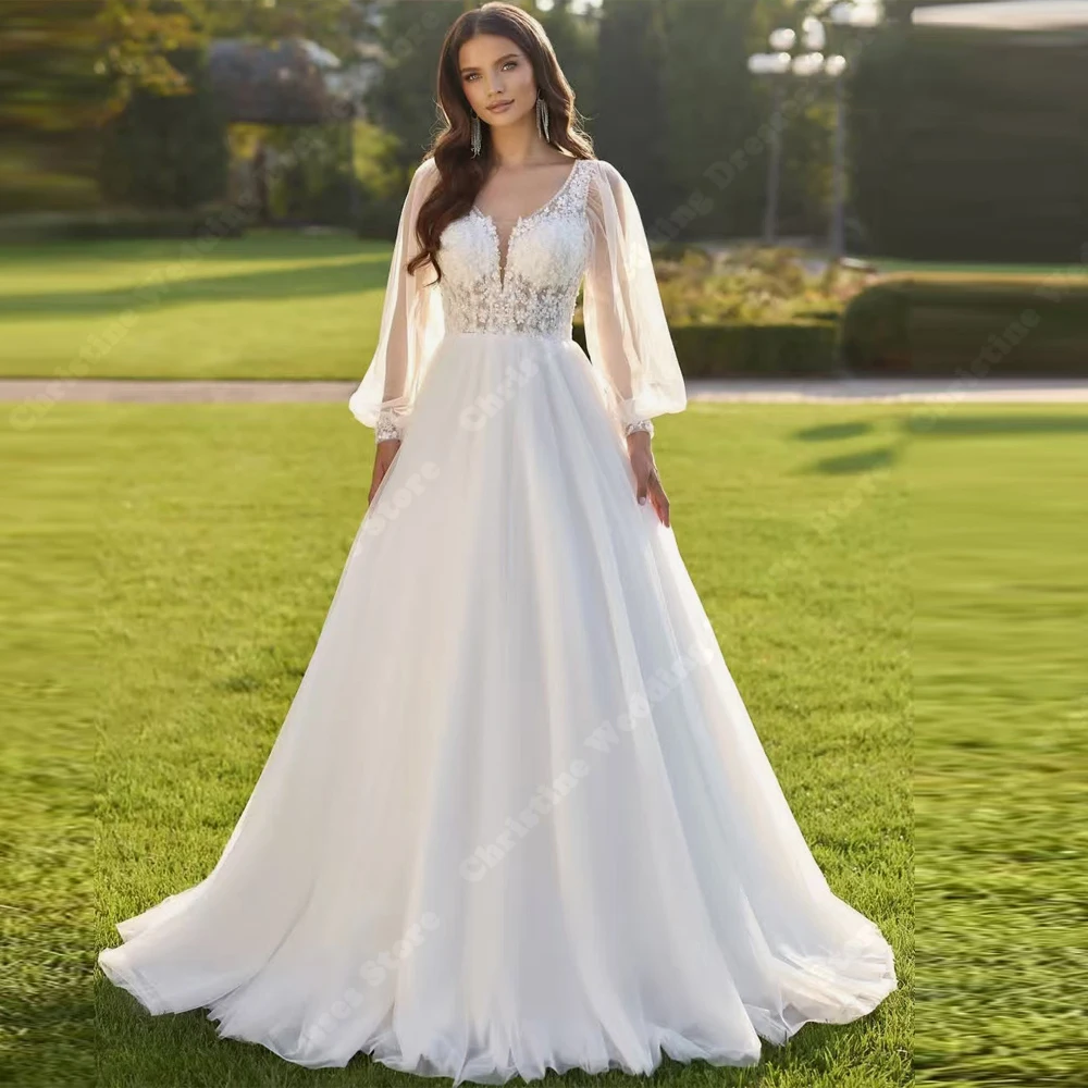 

Elegant V-Neck Lace Print Women Wedding Dresses Sweetheart Collar Bridal Gowns Vestido De Casamenro Linha A Brilhante Customized