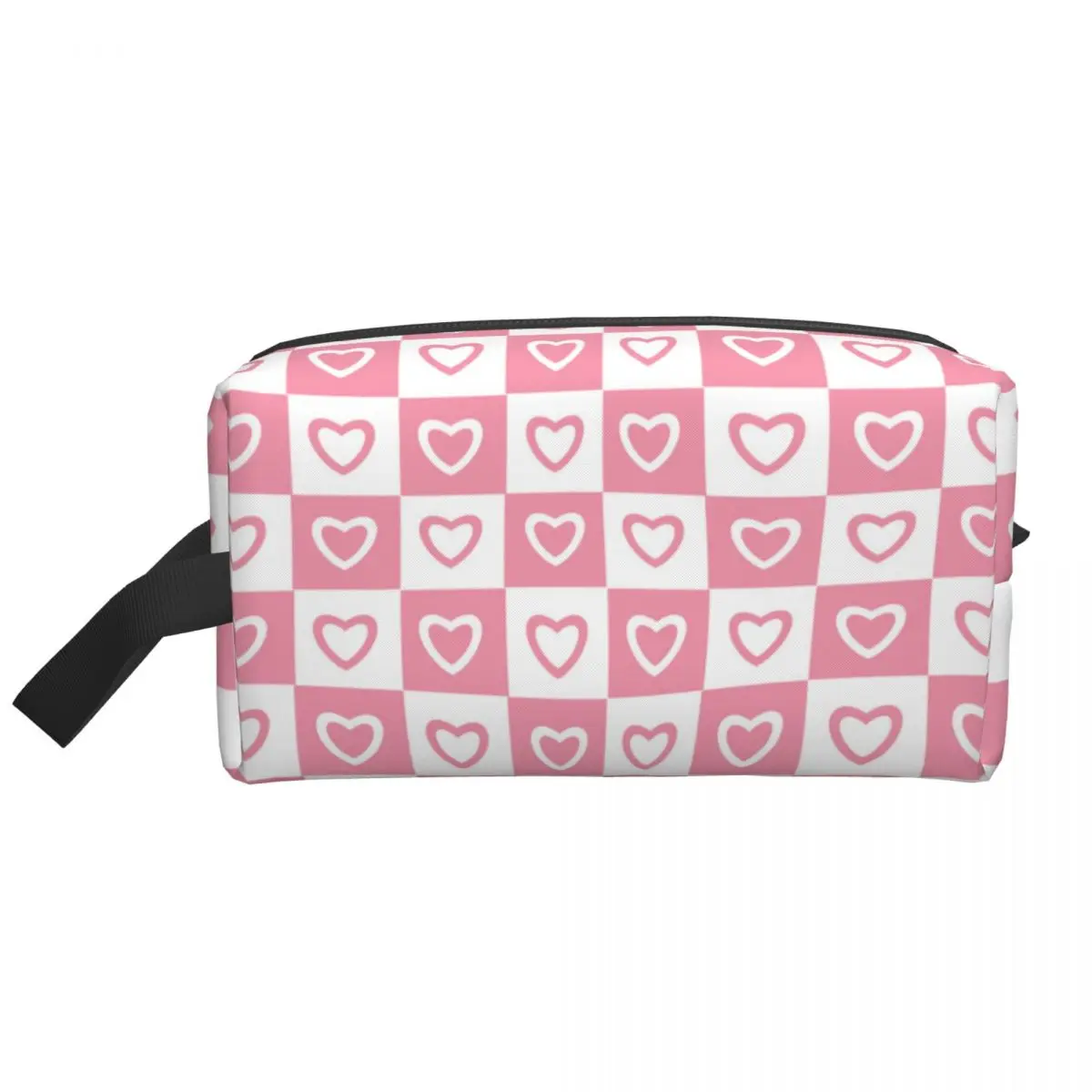 Custom Pink White Hearts Checkered Pattern Makeup Bag for Women Travel Cosmetic Organizer Kawaii Storage Toiletry Bags