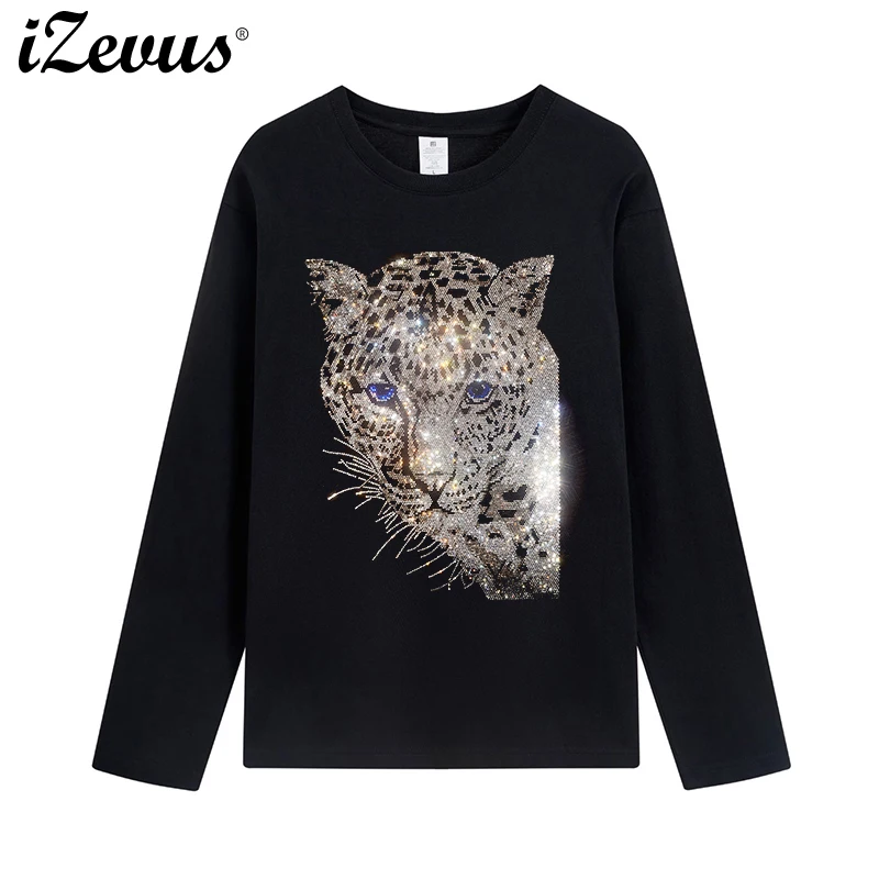 New shiny hot drill silver leopard T-shirt high quality ice silk cotton ladies spring and autumn long-sleeved casual T-shirt