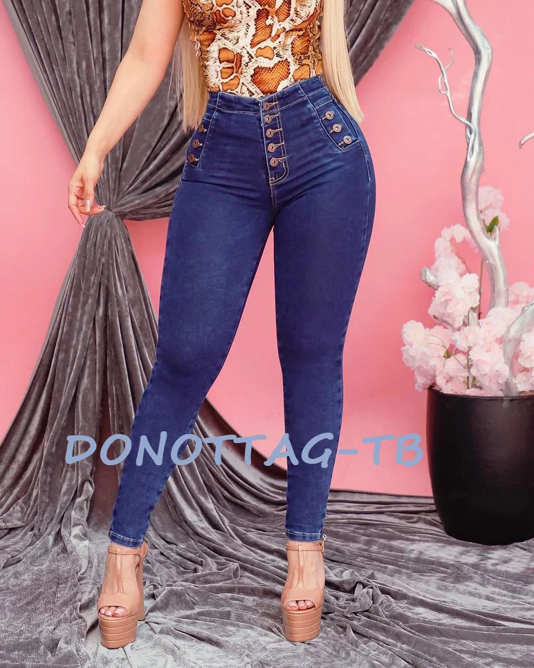 NEW Summer Women Denim Pants Buckle Design High Stretchy Jeans Middle Waist Girls\' Tight Skinny Pencil Trousers