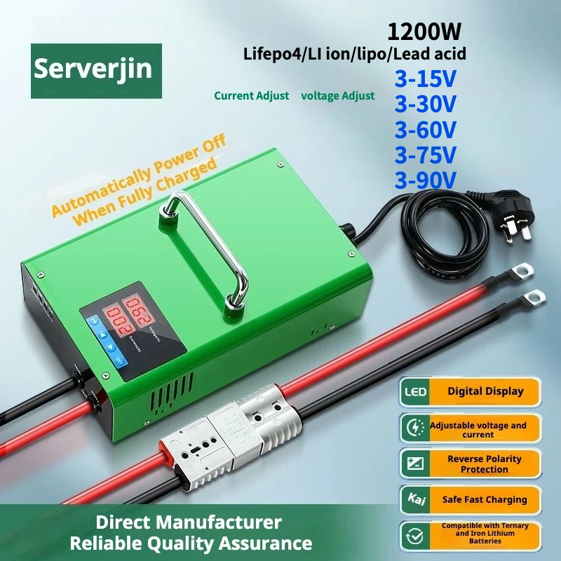 1200W Aadjustable Charger 1000W 0 -15V 0-80A 0-90V 0-60V 25A 12V 80A 24V 29.2V 60A 54.6V 58.4V 20A 87.6V 10A Lifepoo4 Li ion