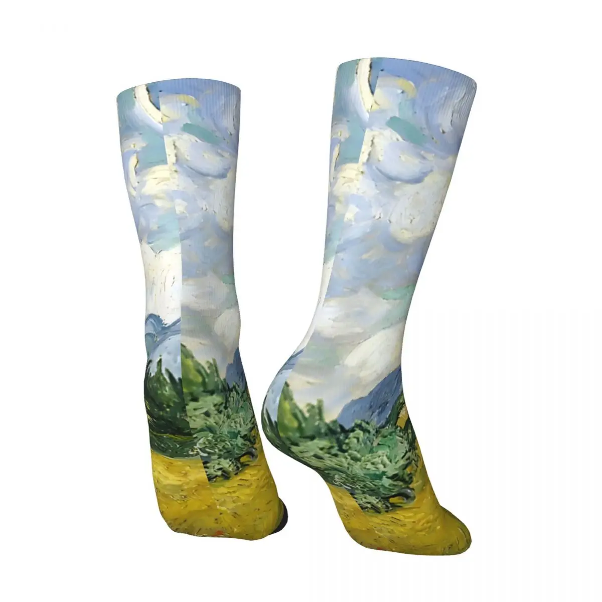 Funny Happy Men's compression Socks Wheat Field With Cypresses Retro Harajuku Van Gogh Street Style Casual Crew Crazy Sock