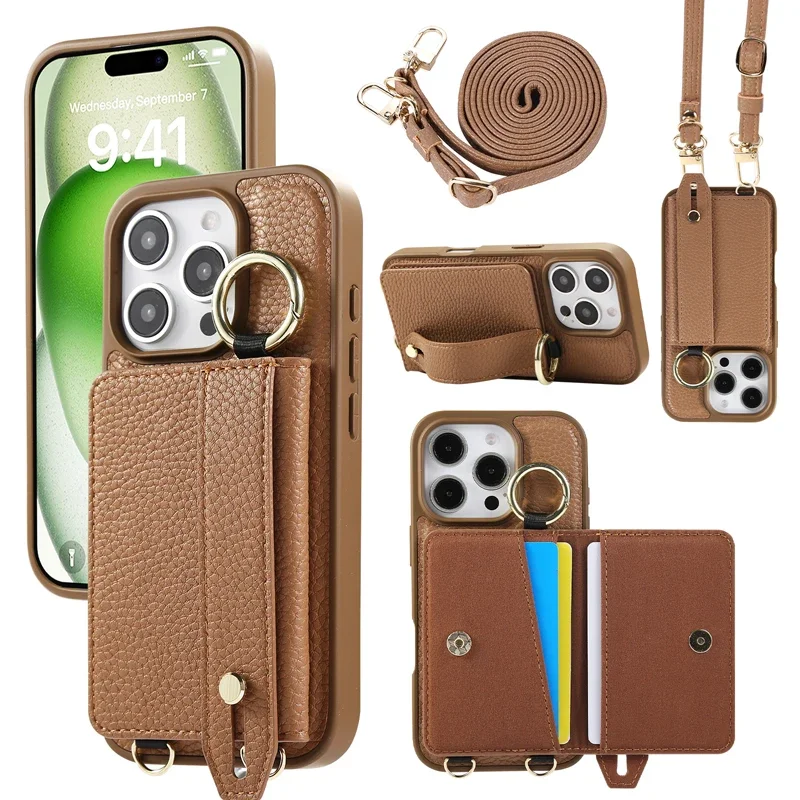 For iPhone 16 Pro Max ,16 Plus Case Lichee Pattern Leather Crossbody Lanyard Strap Card Wallet Ring Stand Cover for iP16 Pro