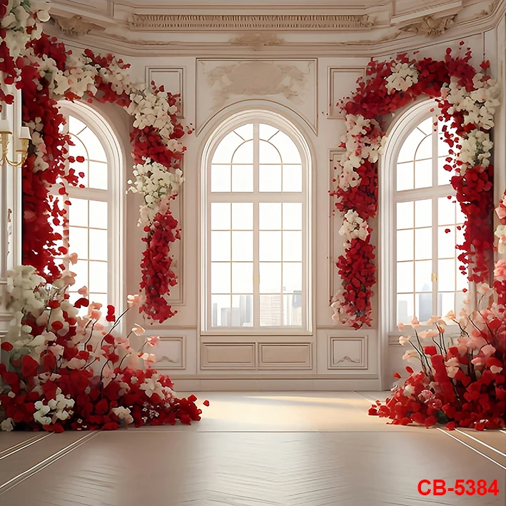Valentine's Day Backdrop Red Rose Arch Palace Window Curtain Photo Background Vintage Romantic Couple Backdrop Anniversary Party