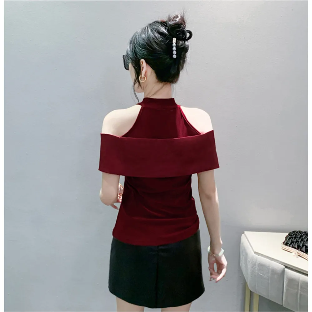 Kurzarm-T-Shirt für Damen, modisch, schlank, Retro-T-Shirts, Y2K, 2025, Sommer, neues hohles Ausschnitt-Off-Shoulder-Top für Damen