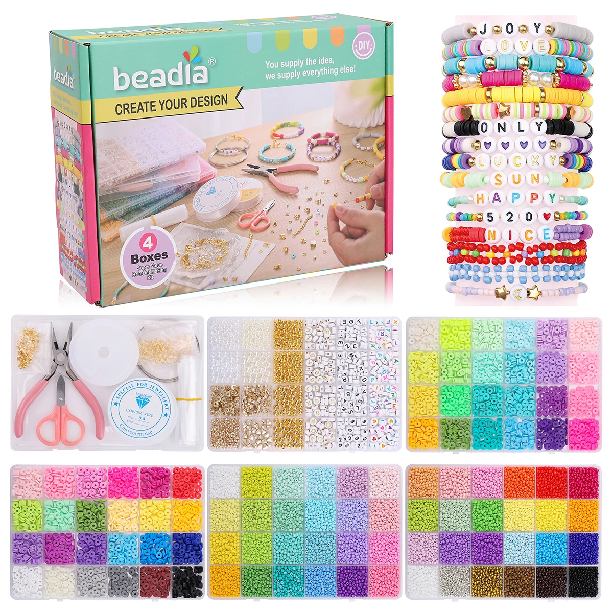 8620Pcs Colored Bead Craft Kit With 4-Box, Acrylic Alphabet & Seed Beads, Beaded Thread, Tools & Accessories, DIY Kandi Jewelry