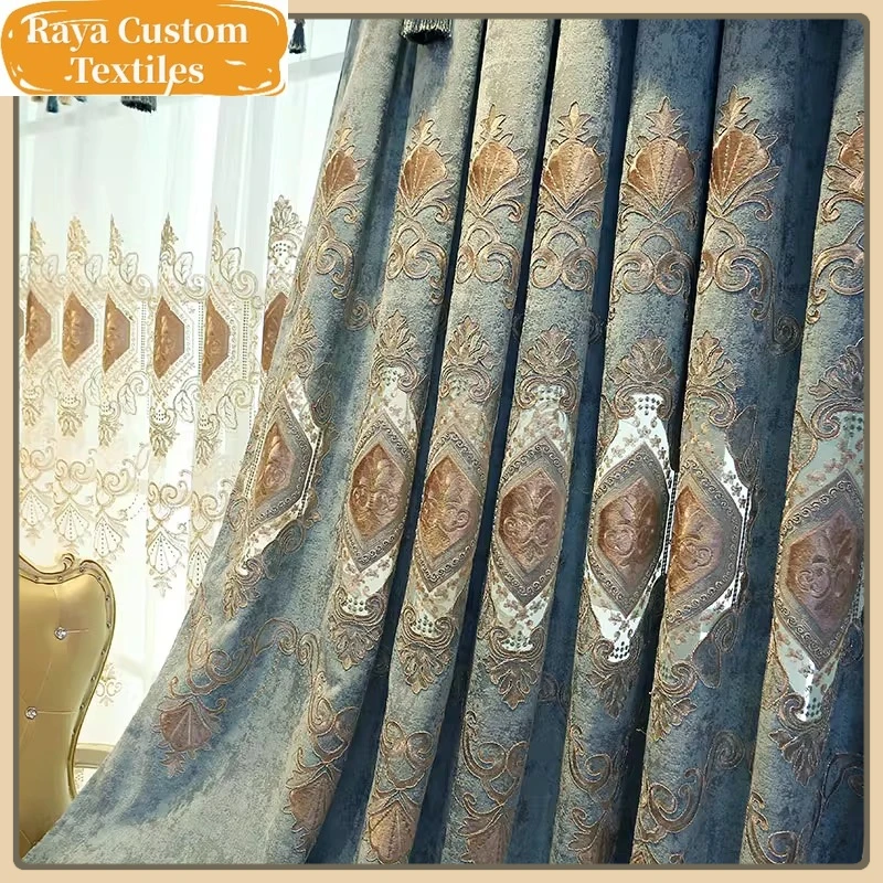 

European-style Luxury Curtains Living Room Bedroom Dining Room Balcony Custom Blackout Chenille Embroidered Brown Valance Decor