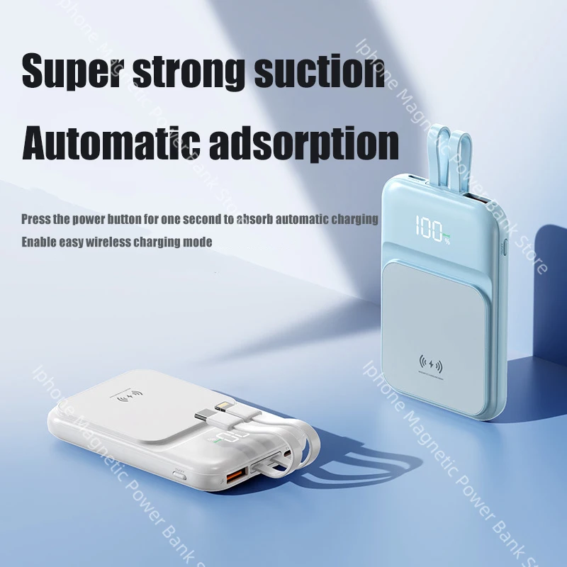 Power Bank Magnetik Pengisian Daya Nirkabel Super Cepat dengan Kabel Terintegrasi 30000mAh Power Bank Portabel Hadiah Lintas Batas