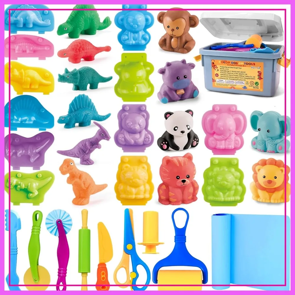 

22pcs Clay & Dough Tools Set with Storage Box, Silicone Mat, Rolling Pins, Safety Scissors, 3D Dino & Animal Molds