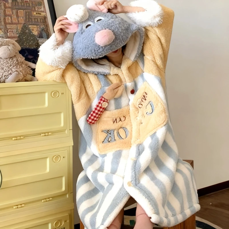 

Cartoon Disney Ratatouille Robe Cute Coral Fleece-Lined Loungewear Nightgown Women'S Autumn Winter Pajamas Thickened Hooded Robe