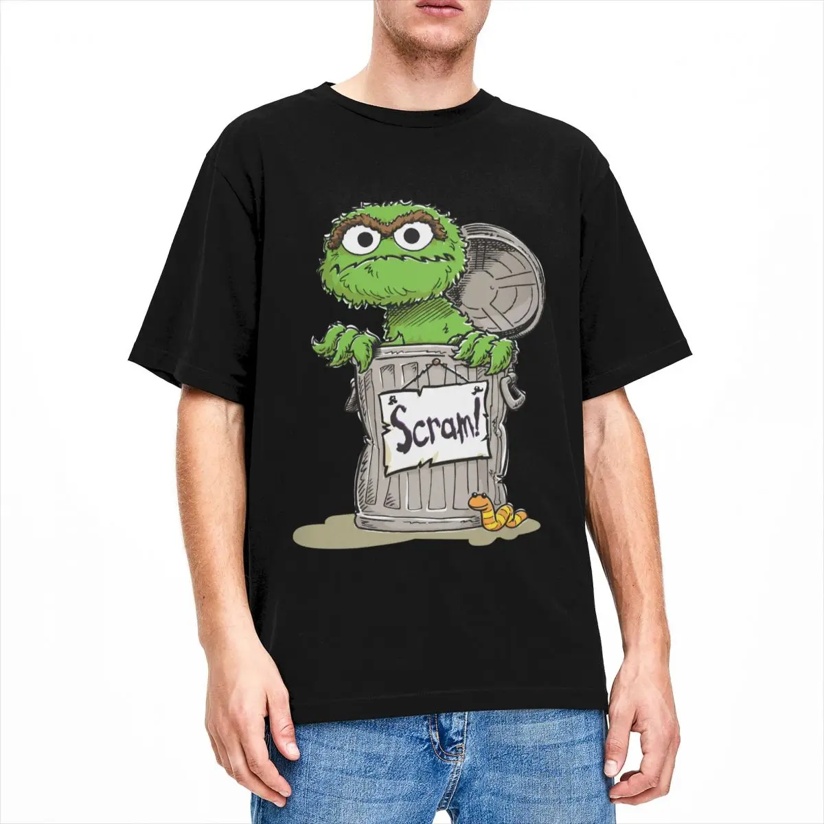 Men Women Cartoon Oscar The Grouch Scram T Shirt 100% Cotton Tops Leisure Short Sleeve O Neck T Shirt Large Size T Shirt