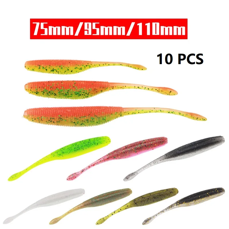 10 pçs vara minhoca softbait isca de pesca salgado cauda reta 75mm 90mm 110mm perfeito natação plástico sonho tiro macio para baixo