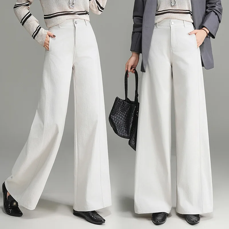 

Элегантные простые драпированные широкие брюки с высокой талией для женщин, осенние новые модные универсальные прямые брюки длиной до пола