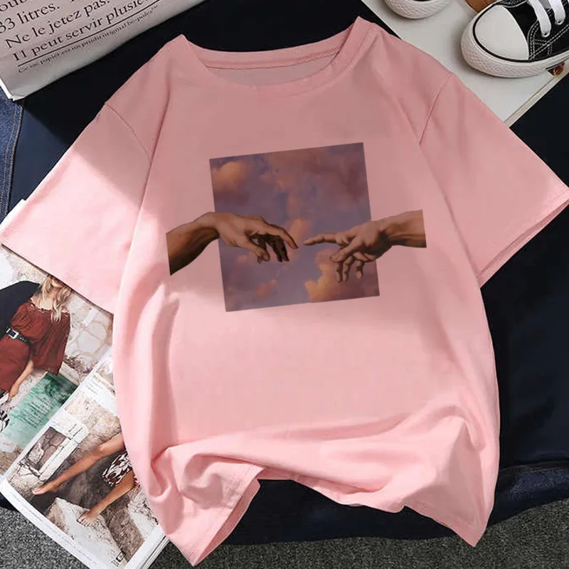 

Oversized Women Tshirt Michelangelo Printing Ulzzang Aesthetic T-shirt Harajuku 2021 Summer pink Drawing Short Sleeve O-neck Top