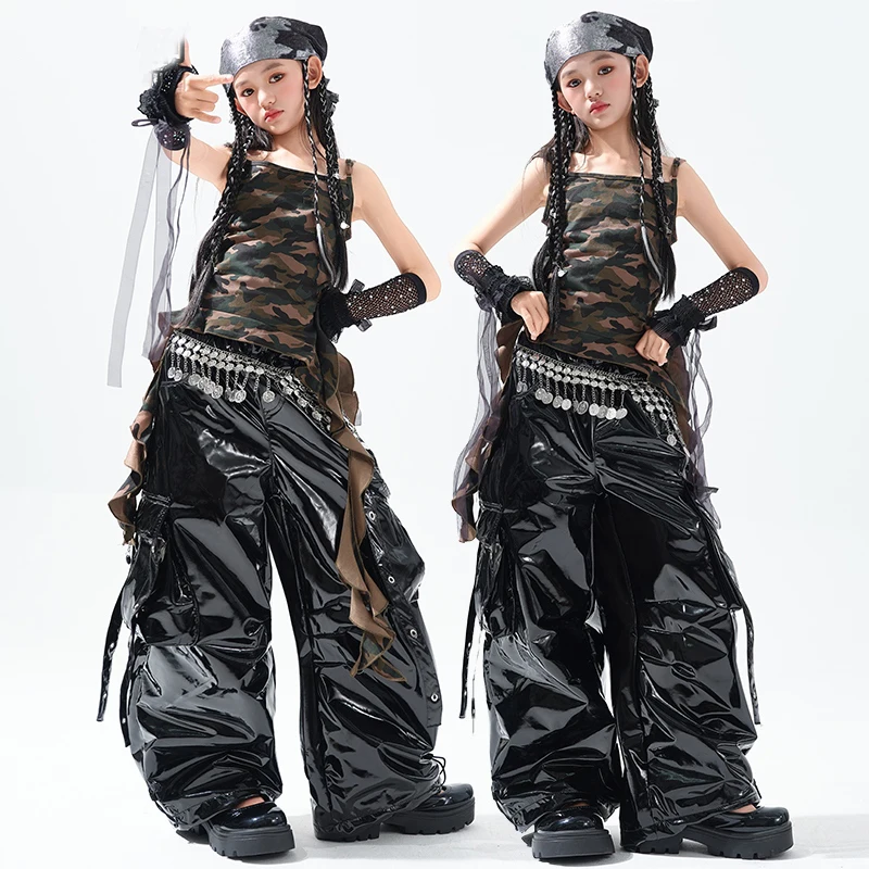 新しい女の子ジャズダンス衣装迷彩ベストレザーパンツ子供社交ダンス服子供ヒップホップ服 SL13552
