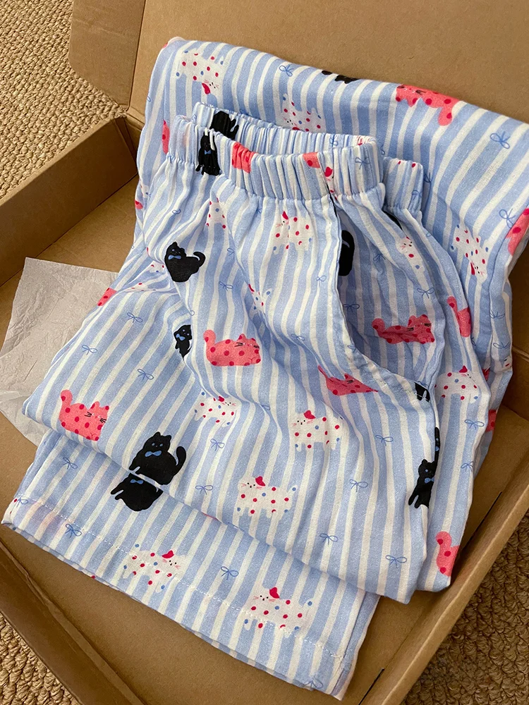 Online Celebri Meat-Covering Cartoon Cat Print Stripe Pajama Pants Women Summer New 2024 Home Pants Casual Walking Pants