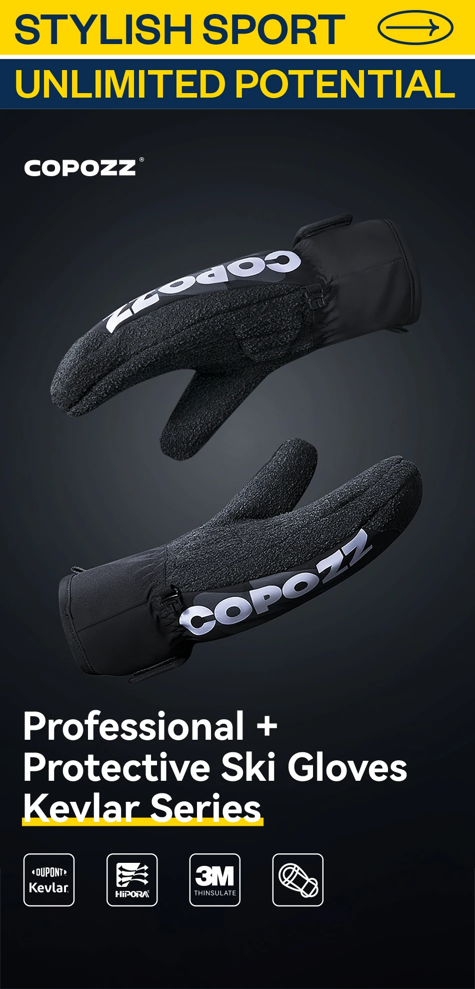 COPOZZ Kevlar verdickte Skihandschuhe Winter Männer Frauen 3M Thinsulate Thermo-Snowboard-Handschuhe wasserdichte warme Fäustlinge Skihandschuhe – Detail 3
