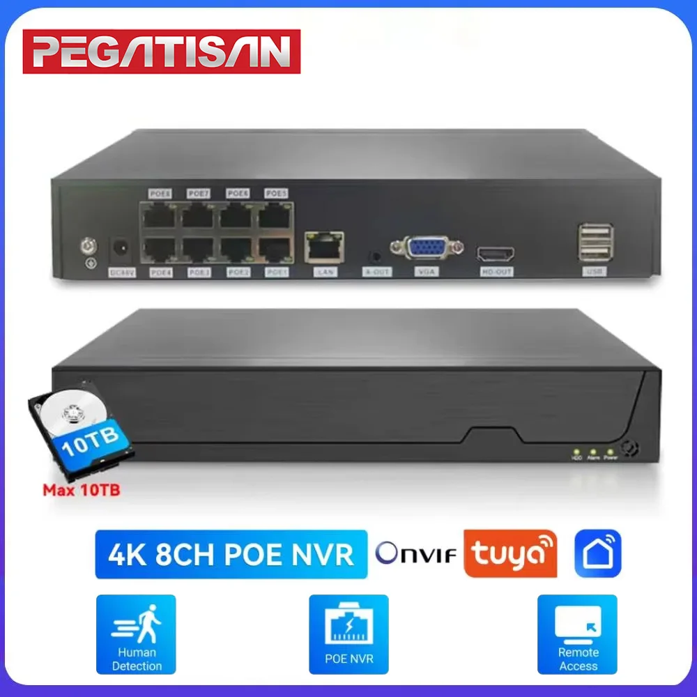 

PEGATAH Tuya Smart Onvif 8CH 4K DH H.265 Video Surveillance NVR Recorder Motion Detect Recorder For POE IPC Camera CCTV System
