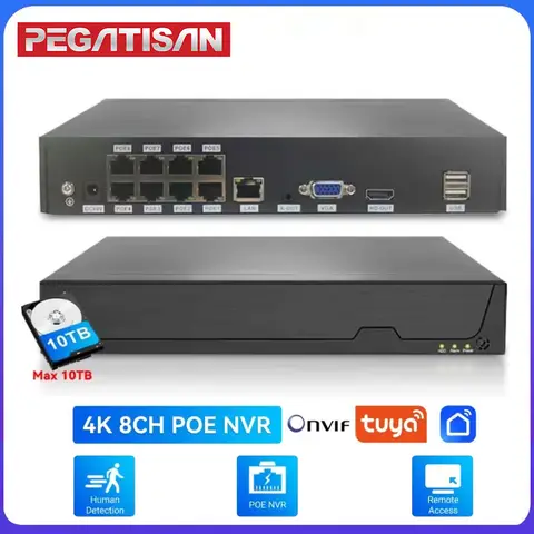 PEGATAH Tuya Smart Onvif 8CH 4K DH H.265 Video Surveillance NVR Recorder Motion Detect Recorder For POE IPC Camera CCTV System