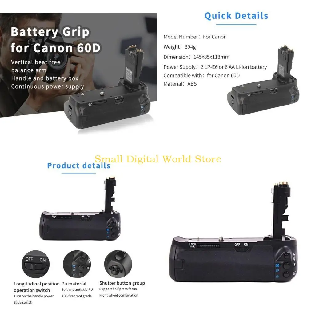77UB Extended Vertical Battery Grip Holder Handgrip for DSLR BG-E9 LP-E6 60D 60Da Cameras Quick Release