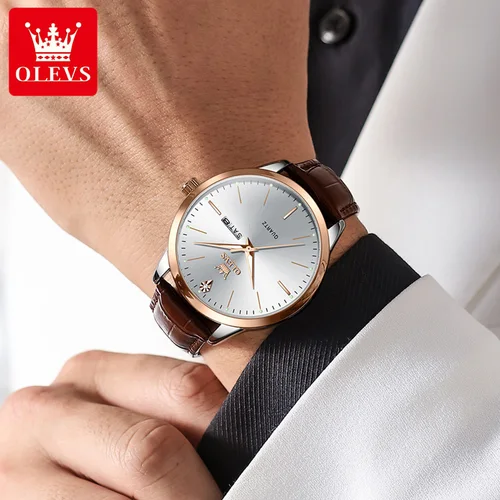 Imagen 2 del producto OLEVS 2935 reloj de cuarzo para hombre, reloj de negocios clásico luminoso con calendario Dual para hombre, reloj de pulsera de vestir Original resistente al agua a la moda