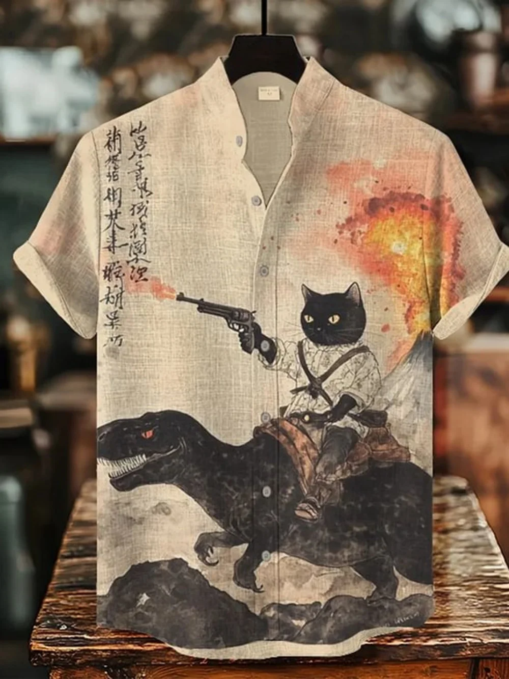 Men's Casual Linen Shirt Creative Black Cat Riding Dinosaur Pattern Fashionable Stand up Collar Design