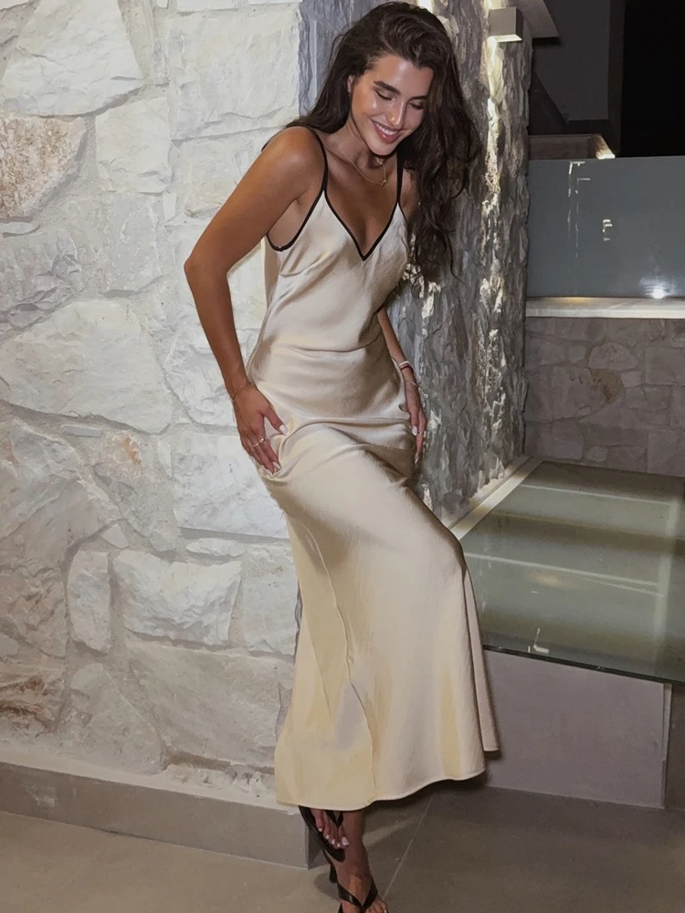 HH Elegant Silk Satin Slip Midi Dress For Women's Fashion Summer V-Neck Contrast Trim Spaghetti Strap Slim Fit Evening Long Dres view 5