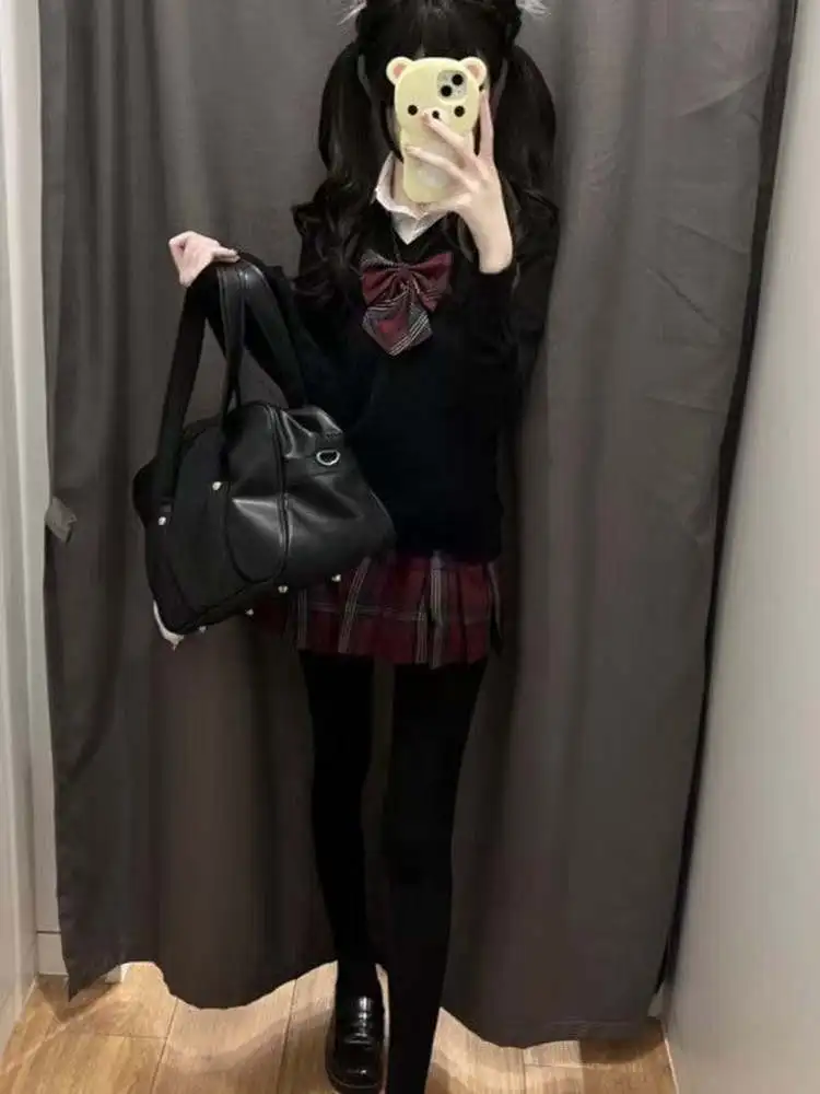 

Свободный вязаный свитер с v-образным вырезом, однотонная юбка с рисунком Blo, комплект JK orm, модный женский осенний наряд для колледжа