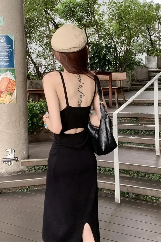 Sexy Hollowed-out Backless  Sleeveless Strap Slim Long Dress Beach  Streetwear Boho Y2K