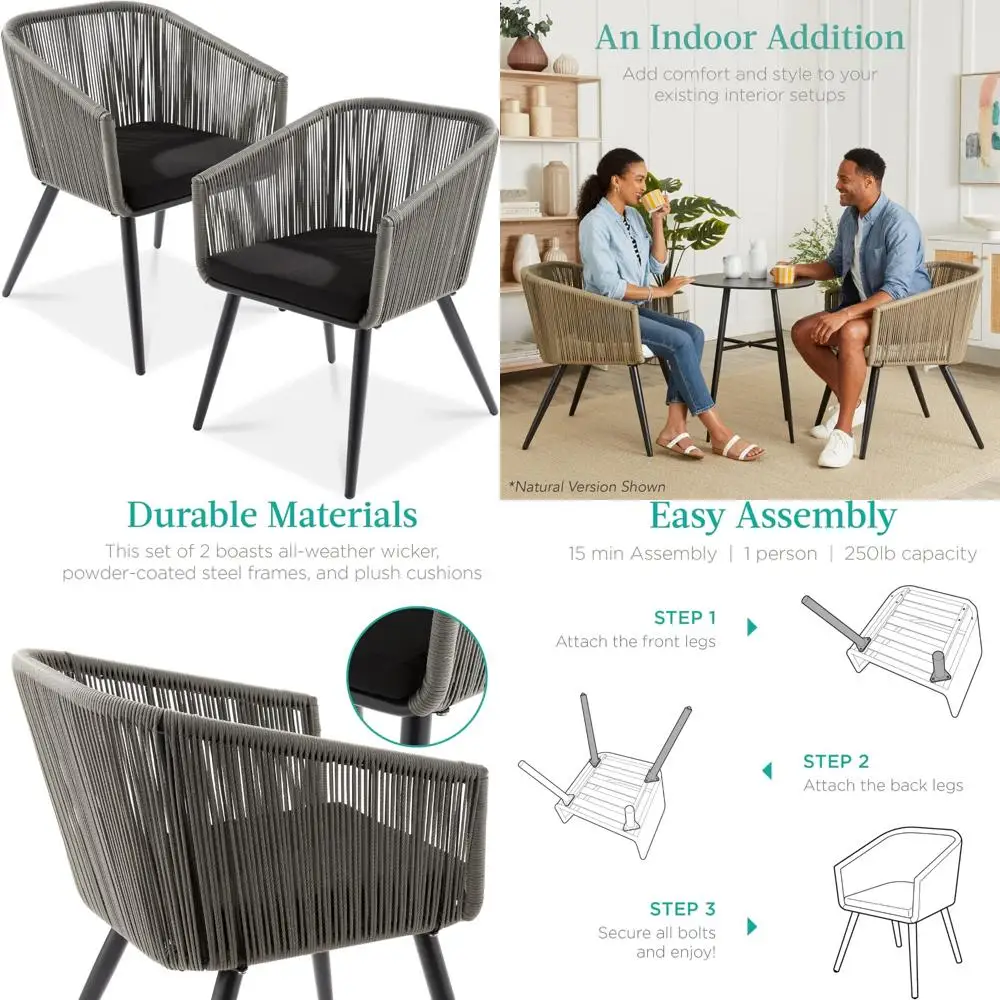Set mit 2 Terrassen-Esszimmerstühlen, Outdoor-Sitzset für Hinterhof, Pool, Balkon, Innenbereich mit gewebtem Korbgeflecht-Design, 250 Pfund Weig