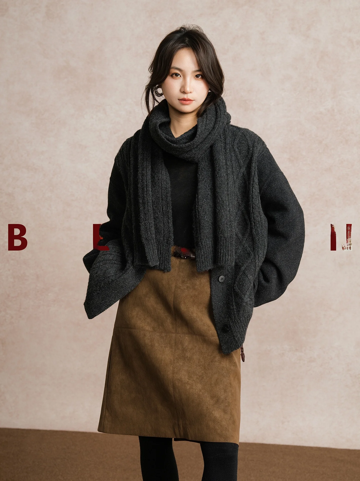 

Вязаный кардиган Ele Camere с шарфом из шерстяной смеси от BELIN Parisian, свободный крой, длинный рукав, укороченная длина