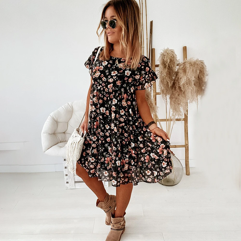 Casual Floral Print Summer Dress Boho Short Sleeve Woman Dress Female Loose Ruffles Mini Dresses For Women 2022 Robe Femme