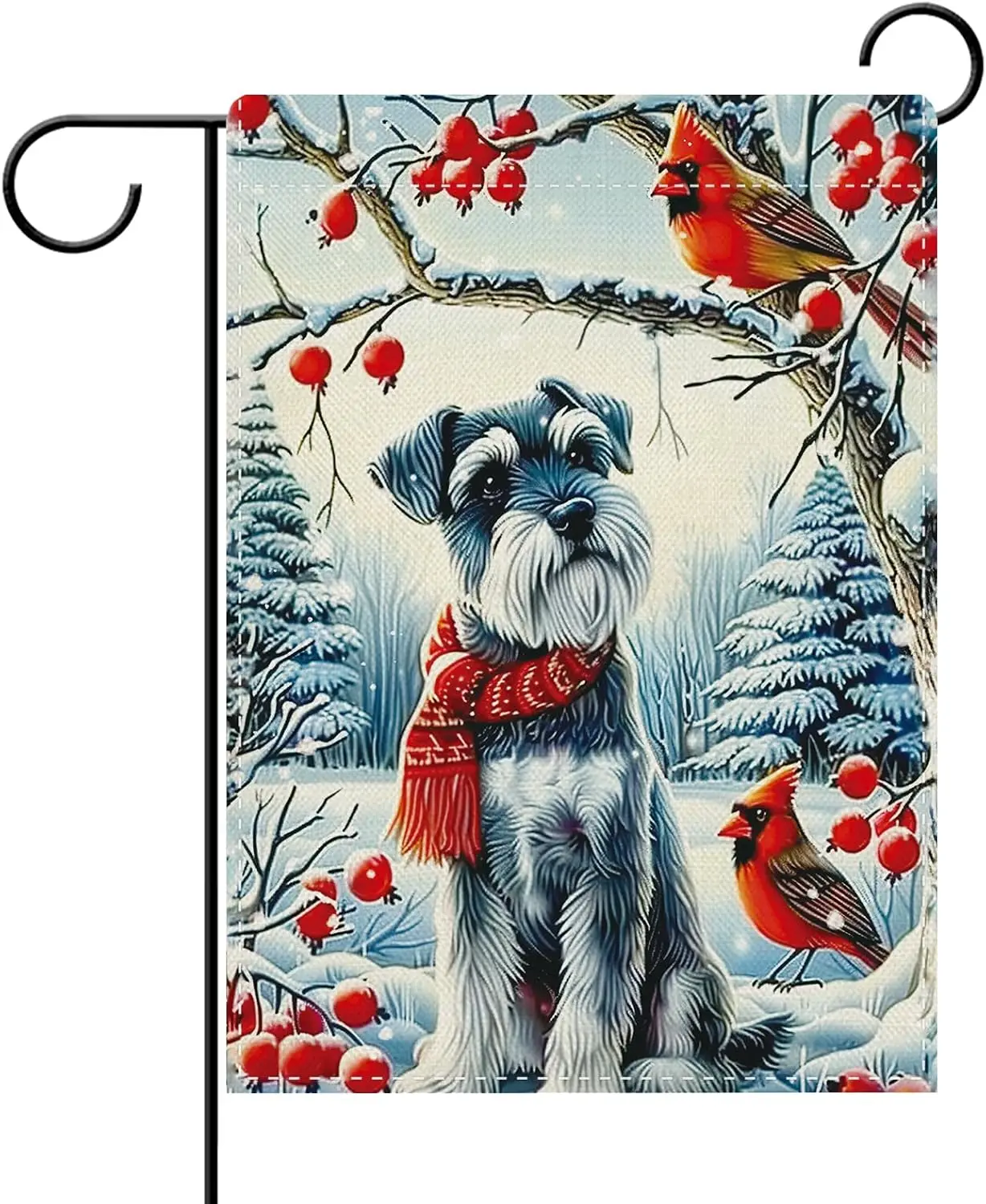 Dyrenson Winter Schnauzer Dog Decorative Garden Flag, Cardinal Birds Berry Yard Outside Home Decoration Pet Owner Lover Gift EEZ
