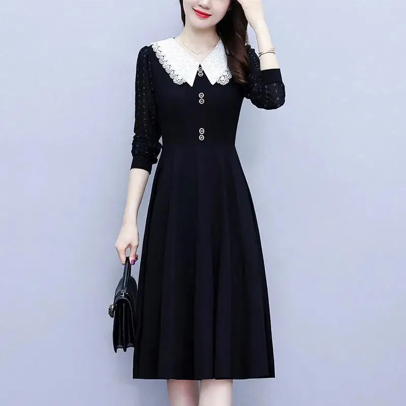 Doll Collar Dress Women's Autumn Clothing French Large Size Fake Two-piece Fashionable Temperament Slim Ong-sleeved Dress