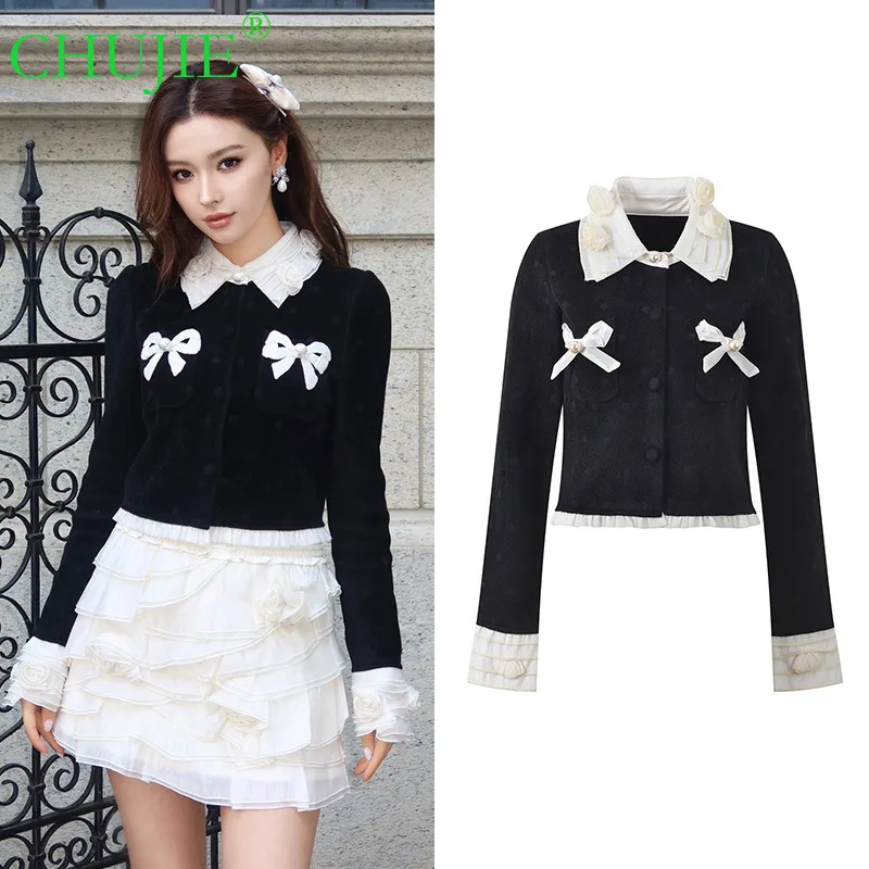 

CHUJIE 2025 Autumn Winter New Fashionable Elegant Lace Patchwork Slim Fit Short Long Sleeve Knitted Cardigan Top