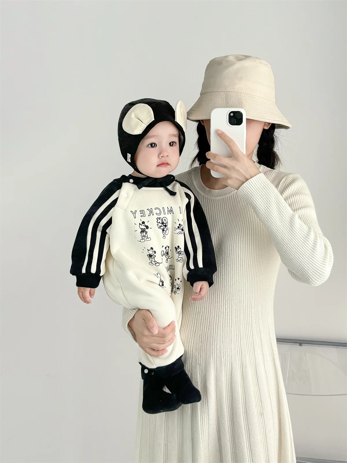 

Baby Rer Suit Autumn Winter Fce Lined Knitted Stripe Cler Suit Boys Girls Korean Sle Bla Sve All in One Suit